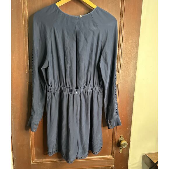 JONATHAN SIMKHAI | Silk Navy Blue Crossbar Romper Jumpsuit | Size Medium - Picture 3 of 10